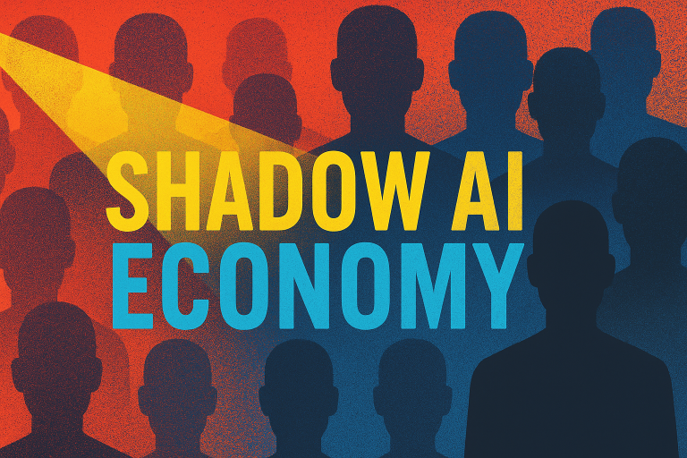 Colorful illustration of the Shadow AI economy, showing employees in silhouette with a spotlight revealing hidden AI activity—featured image for Centurion blog on AI risks and opportunities for Milwaukee and SE Wisconsin businesses.