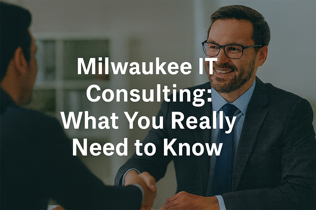 A business owner and an IT consultant reviewing a technology roadmap on a laptop in a Milwaukee office