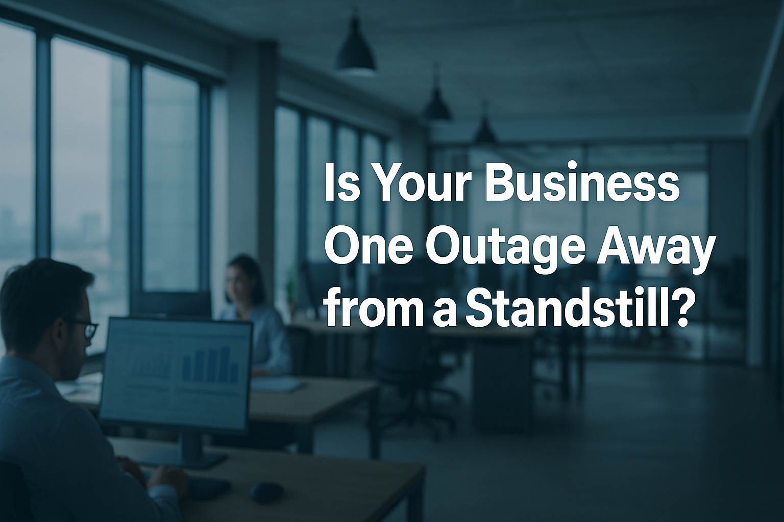 Business professionals working in a modern Milwaukee office with the text “Is Your Business One Outage Away from a Standstill?”