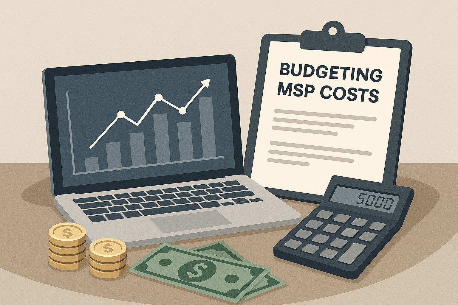 Flat digital illustration showing budgeting tools, IT planning documents, and technology elements, representing managed IT service cost planning.