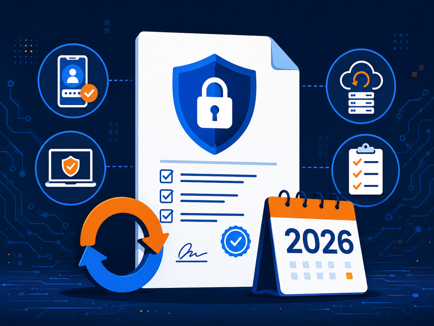 Illustration of a cyber insurance renewal document with security checklist, lock shield, MFA, endpoint protection, backup, and 2026 calendar icons.