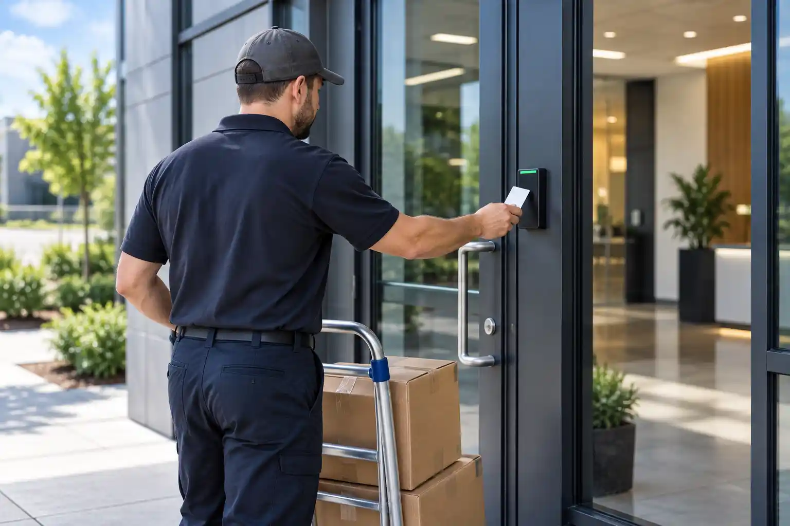 Delivery Worker Accessing Modern Entrance