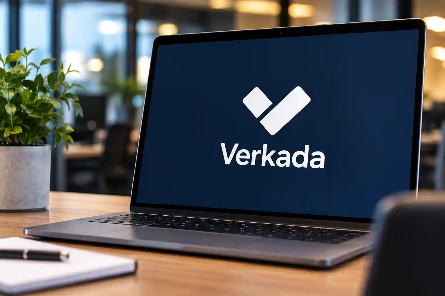 Verkada Security Systems Logo Laptop in Modern Office